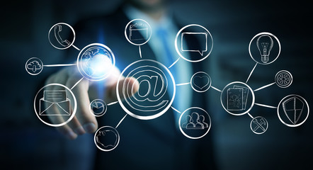 Businessman touching multimedia hand-drawn interface