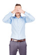 © kaninstudio - portrait young businessman covering his eyes with his hand. emotions, facial expressions, feelings, body language, signs. image on a white studio background.