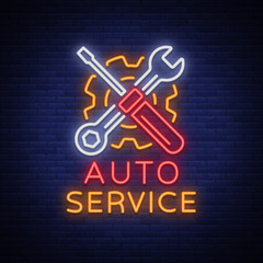 Wall Mural - Car service repair logo vector, neon sign emblem. Vector illustration, car repair, shiny signboard for garage for auto repair. A flaming banner, a nightly bright signboard ad for your projects