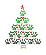 Christmas Tree Made Of Paw Prints And Bone. Happy New Year Greeting Card