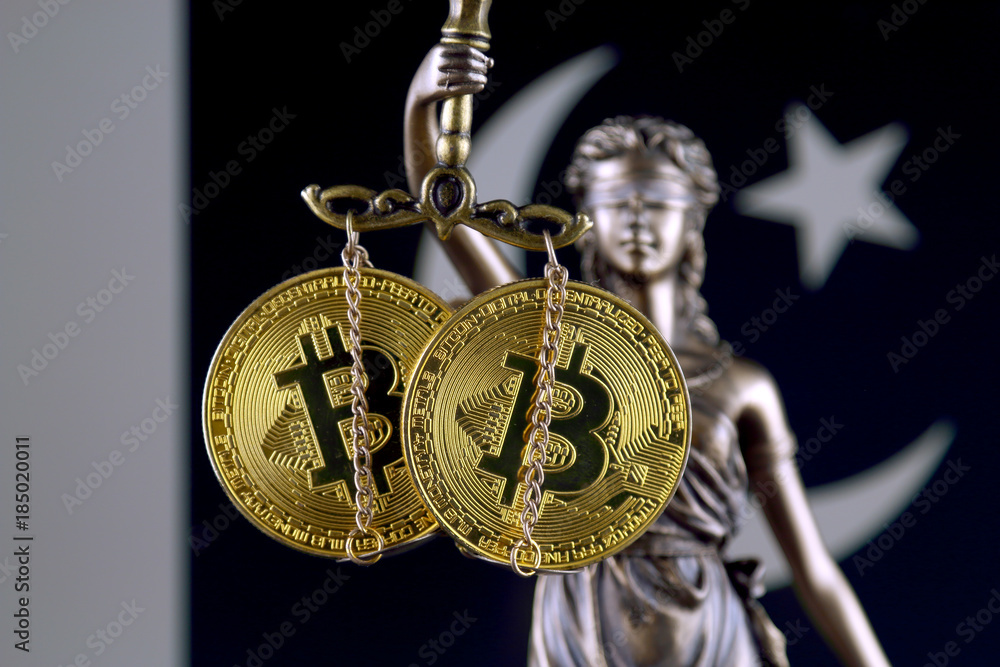 Symbol of law and justice, physical version of Bitcoin and Pakistan Flag. Prohibition of cryptocurrencies, regulations, restrictions or security, protection, privacy.