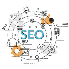 Flat colorful design concept of SEO. Infographic idea of making creative products. Infographic for website banner, flyer and print.
