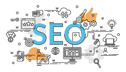 Flat colorful design concept of SEO. Infographic idea of making creative products. Infographic for website banner, flyer and print.