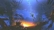 Fantasy Underwater Scene Of Diver Found A Mysterious Light While Diving, Digital Art Style, Illustration Painting