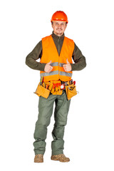 Wall Mural - construction worker in a helmet with toolbelt show thumbs up in orange security vest