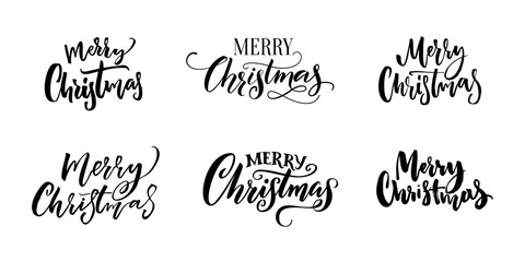 Wall Mural - Merry Christmas text inscriptions. Set of calligraphy and hand lettering for Christmas greeting cards, tags and overlays. Black words isolated on white background.