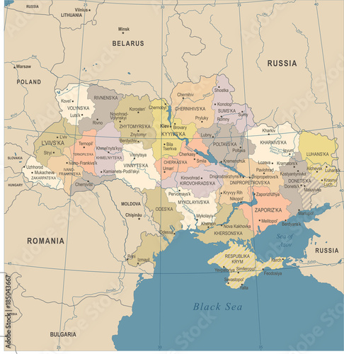 Fotografía Ukraine Map - Vintage Detailed Vector Illustration
