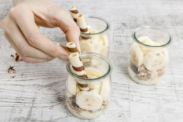 Poster - How to make layer dessert with muesli, chocolate and fruits.