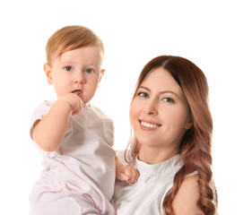 Young mother with baby on white background