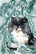 Fluffy cat under the tree. Painted portrait of a pet - illustration