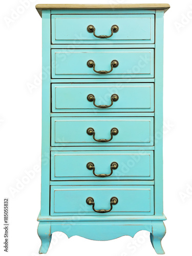 Vintage Wooden Turquoise Chest Of Drawers Isolated On White