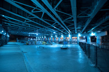 Gritty And Scary City Skate Park At Night In Urban Chicago.