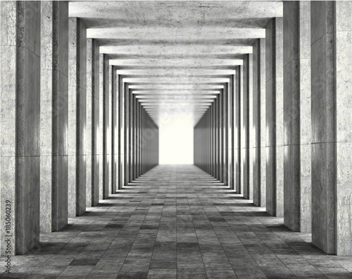 Naklejka na meble Light passing through the columns of a modern urban building. Light and shadows between the concrete columns of the long koredor. 3d illustration