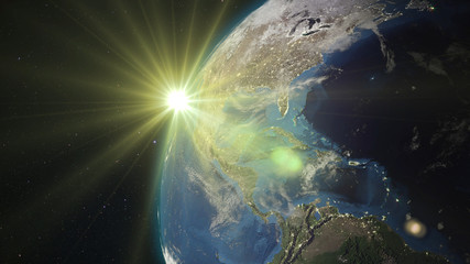 Wall Mural - 3d rendering earth from space against the background of the starry sky and the sun. shadow and illum