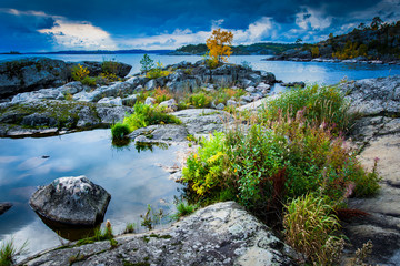 Ladoga lake. Wild nature of Karelia. Severe landscape on the lake. Ladoga. The Republic of Karelia.