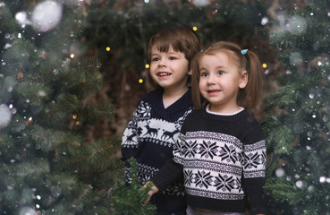 A little child by the New Year tree. Children decorate the Chris