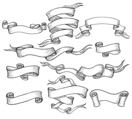 scroll sketch. vintage hand drawn banner and sketched swirl ribbons vector illustration