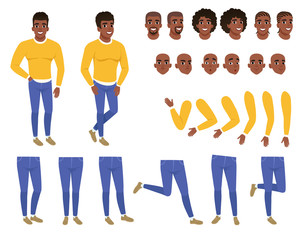 Wall Mural - Constructor of young black man. Guy in yellow sweater and blue jeans. Creation set. Body parts, hairstyles and face expressions. Cartoon flat vector character
