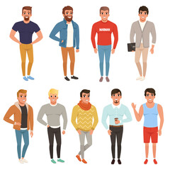 Poster - Collection of handsome men in stylish clothing. Casual wear. Male characters posing with smiling face expressions. Colorful flat vector design