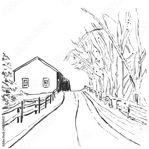 Vector Graphic Sketch Winter Forest Landscape With House And Trees Road Buy This Stock Vector And Explore Similar Vectors At Adobe Stock Adobe Stock
