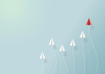 Aufkleber - Paper airplanes flying on blue sky with form of growing graph.Paper art style of business teamwork creative concept idea.Vector illustration