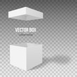 White empty box with an open lid on a transparent background. Vector illustration
