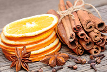 Rolled Of Cinnamon Sticks With Sliced Of Dried Orange Clove And Anise