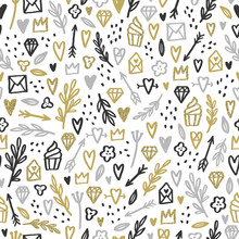 Romantic Doodle Background. Gold, Silver, Glitter. Vector Hand Drawn Seamless Pattern