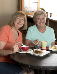 Wall Mural - couple of lovely middle age senior mature women girlfriends meeting for coffee and tea with cakes at coffee shop sharing time