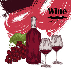 Wine bottle with two glasses and grapes. Vector illustration