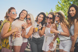 Fototapeta  - Small group of girlfriends posing at outdoor pary