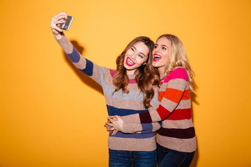 Sticker - Portrait of two cheerful girls dressed in sweaters