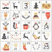 Christmas Advent Calendar With Hand Drawn Elements. Xmas Poster. Vector Illustration