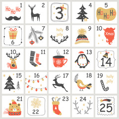 Wall Mural - christmas advent calendar with hand drawn elements. xmas poster. vector illustration