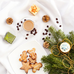 Wall Mural -  Christmas white background of crumpled cloth with coffee and biscuits