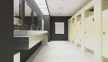 Contemporary Interior Of Public Toilet. 3D Rendering. Empty Picture