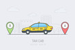 Taxi cab in the city driving from location A to location B, vector illustration in monoline style