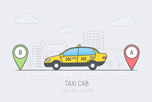Taxi Cab In The City Driving From Location A To Location B, Vector Illustration In Monoline Style