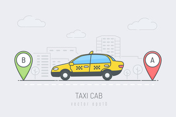 Taxi cab in the city driving from location A to location B, vector illustration in monoline style