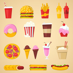 Wall Mural - Fast food vector nutrition american hamburger or cheeseburger unhealthy eating concept junk fast-food snacks burger or sandwich and soda drink illustration isolated on background