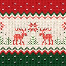 Ugly Sweater Merry Christmas And Happy New Year Greeting Card Frame Border Template. Vector Illustration Seamless Knitted Background Pattern Deers Scandinavian Ornaments. White, Red, Green Colors.