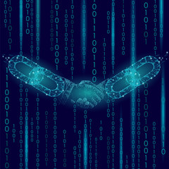 Handshake low poly. Blockchain internet technology e-commerce business agreement partnership meet. Polygonal geometric particle hand. Innovation future binary code background vector illustration