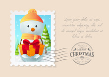Holiday Postcard With A Postage Stamp With Cartoon Snowman, A Gift Box And Trees. Seal Stamp With Title "We Wish You A Merry Christmas And Happy New Year". Festive Background In Vintage Style.