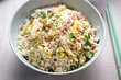 Nasi goring rice. Indonesian style fried rice with pork, egg and leek 