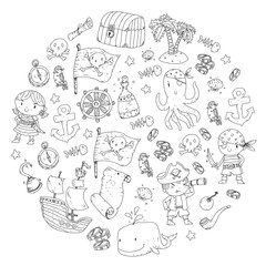  Pirate adventures Pirate party Kindergarten pirate party for children Adventure, treasure, pirates, octopus, whale, ship Kids drawing vector pattern for banners, leaflets, brochure, invitations