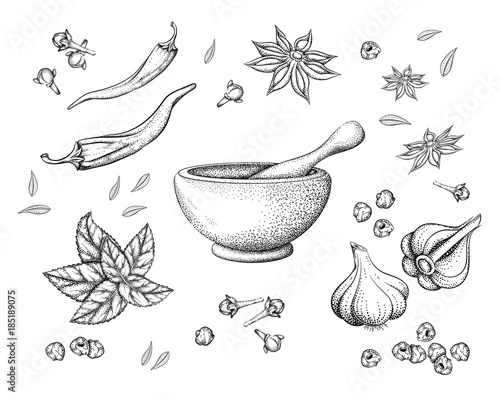 Fotomural spices and herbs and mortar with pestle