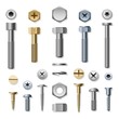 Bolts and screws. Vector screw and bolt, washer and nut hardware side view isolated on white background