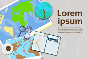 Geography And Cartography Concept Top Angle View Of Workplace Template Banner With Copy Space Vector Illustration