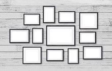 Photo Frames Collage, Twelve Set Collection On Wooden Planks Wall, Interior Decor Mockup, Gallery Style. 3D Illustration