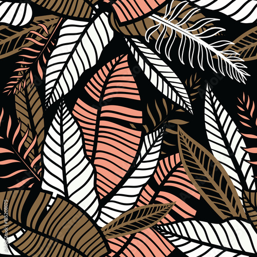 Obraz w ramie Colorful tropical pattern with exotic plants. Seamless vector hand drawn tropical wallpaper with leaves.